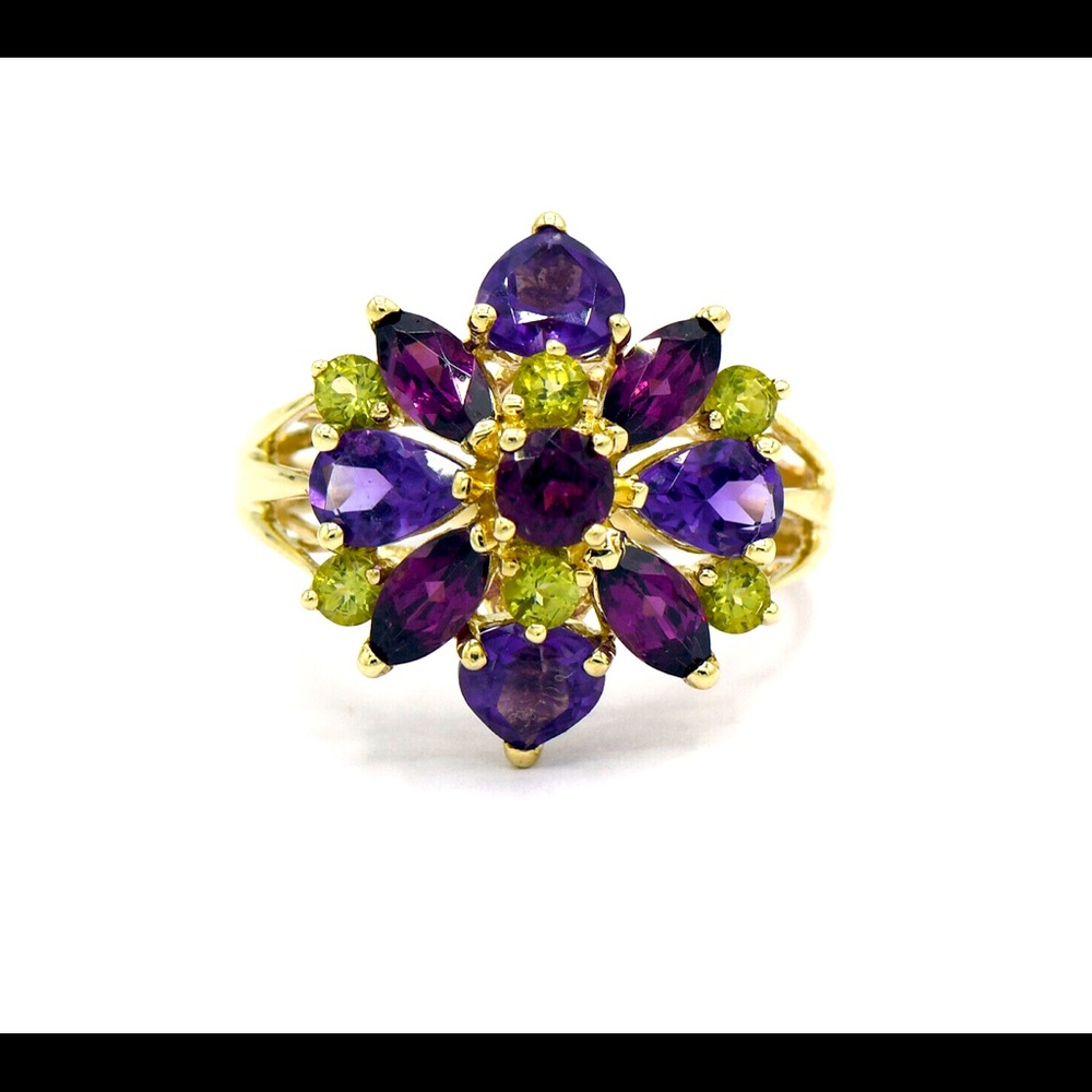 🍁 10KT YELLOW GOLD AMETHYST, PERIDOT & RHODOLITE GARNET FLOWER CLUSTER RING - Picture 2 of 12